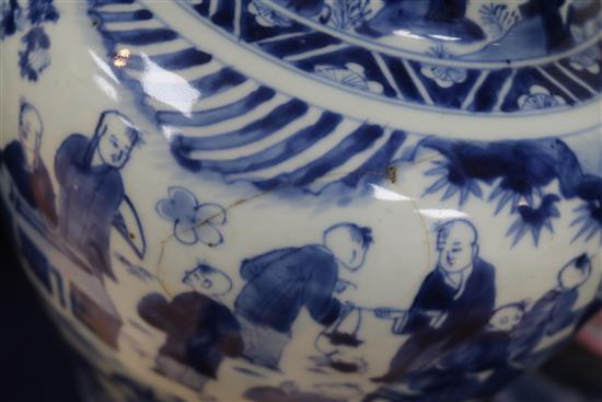 A Chinese blue and white Hundred Boys vase, Transitional period c. 1640, wood stand and cover